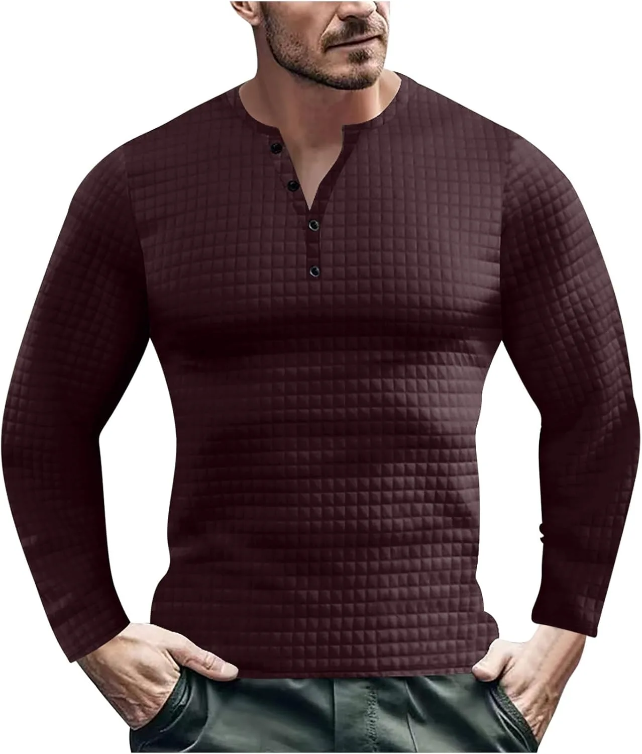 

Футболка Slim Fit для мужчин Stretchy Plaid с длинным рукавом и V-образным вырезом Uillui