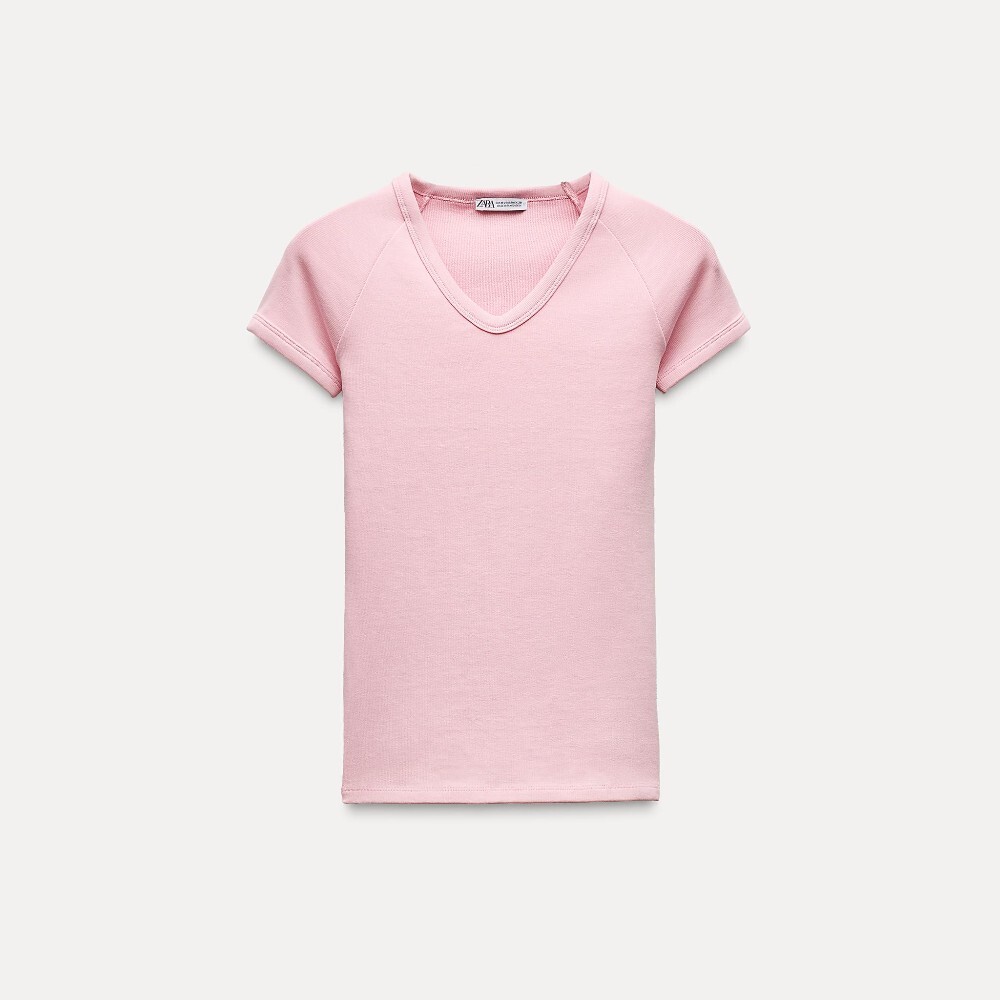 

Футболка Zara V-neck Ribbed, розовый