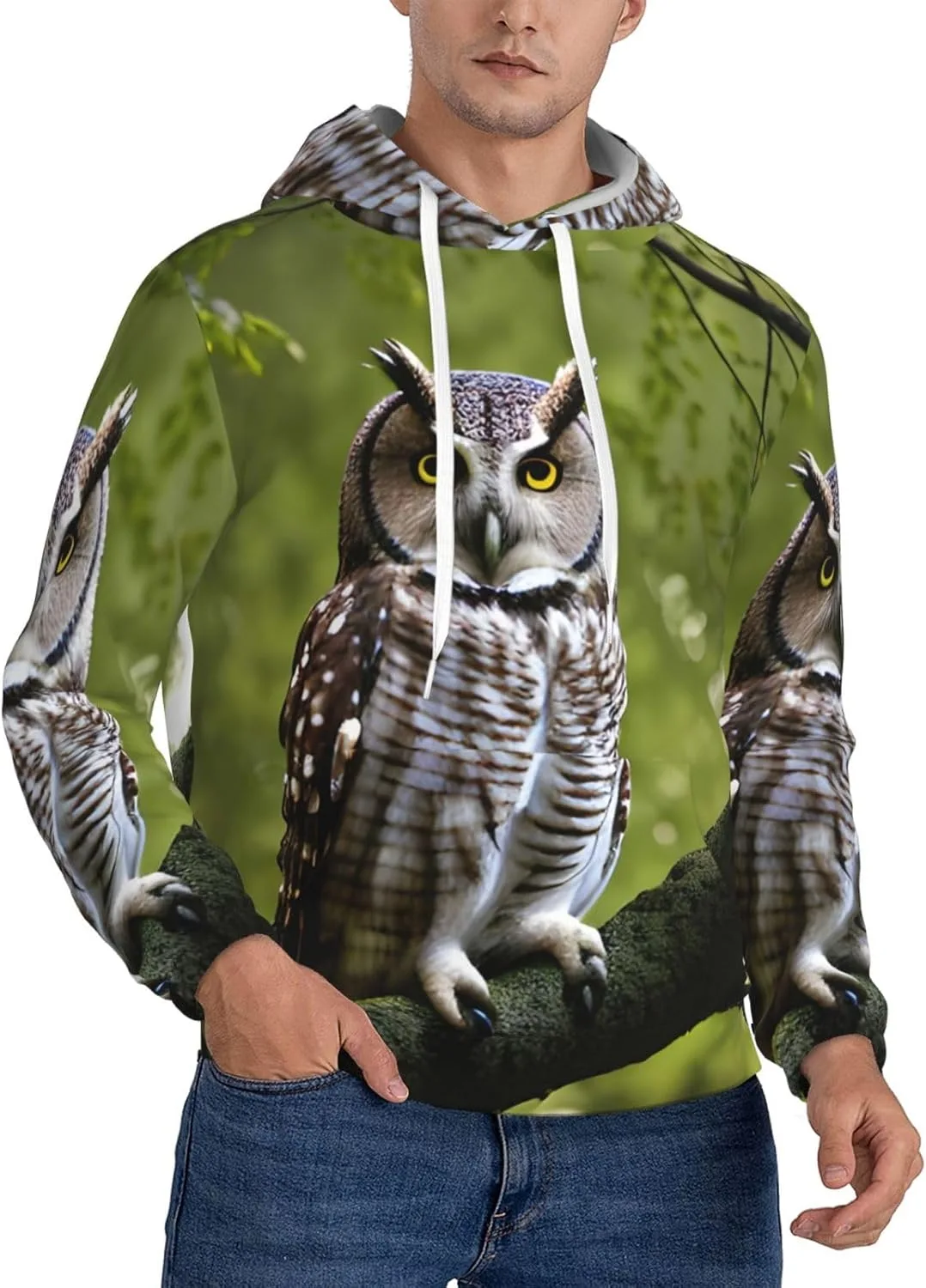 

Мужская флисовая толстовка X-Large с капюшоном и карманом, черная, с принтом "Сова на ветках" SamLng