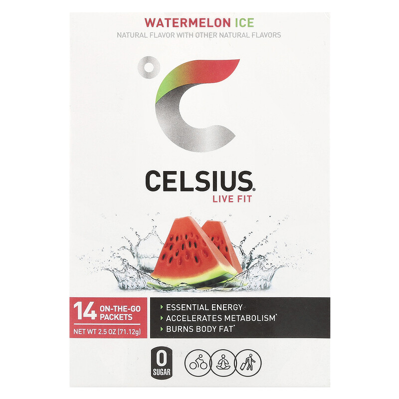 

Celsius, Live Fit, арбузный лед, 14 упаковок, готовых к употреблению, по 5,08 г (0,18 унции)