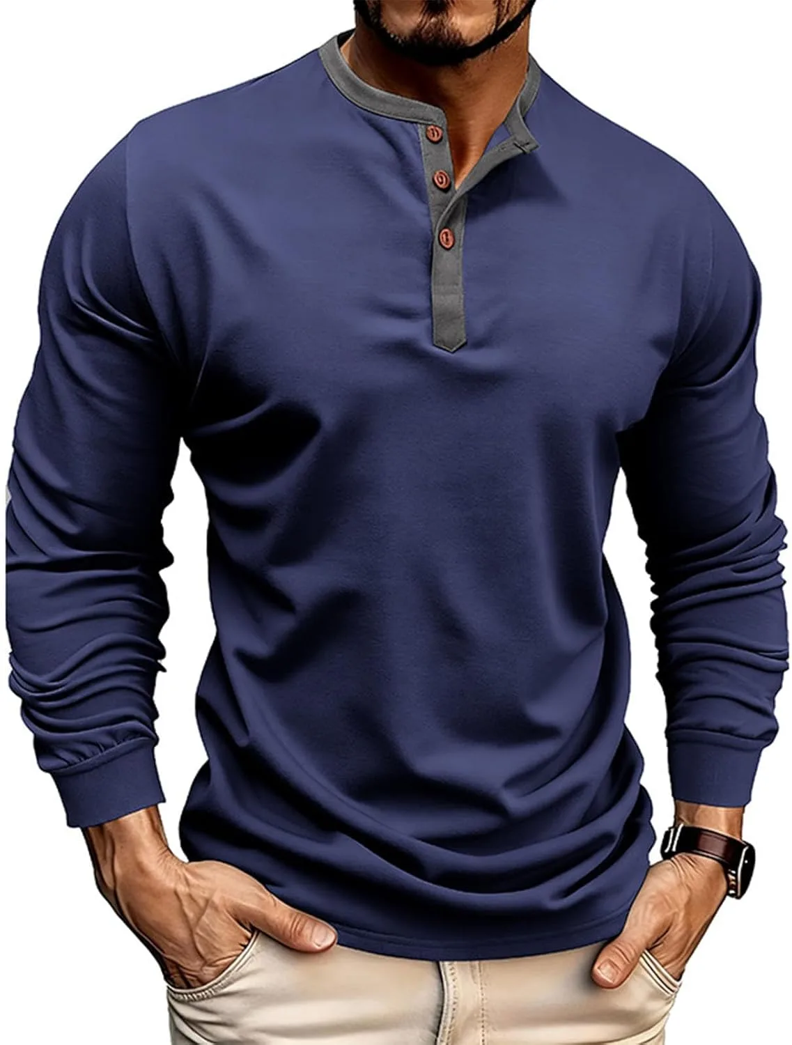 

Мужская футболка хенли с длинным рукавом, легкая и эластичная