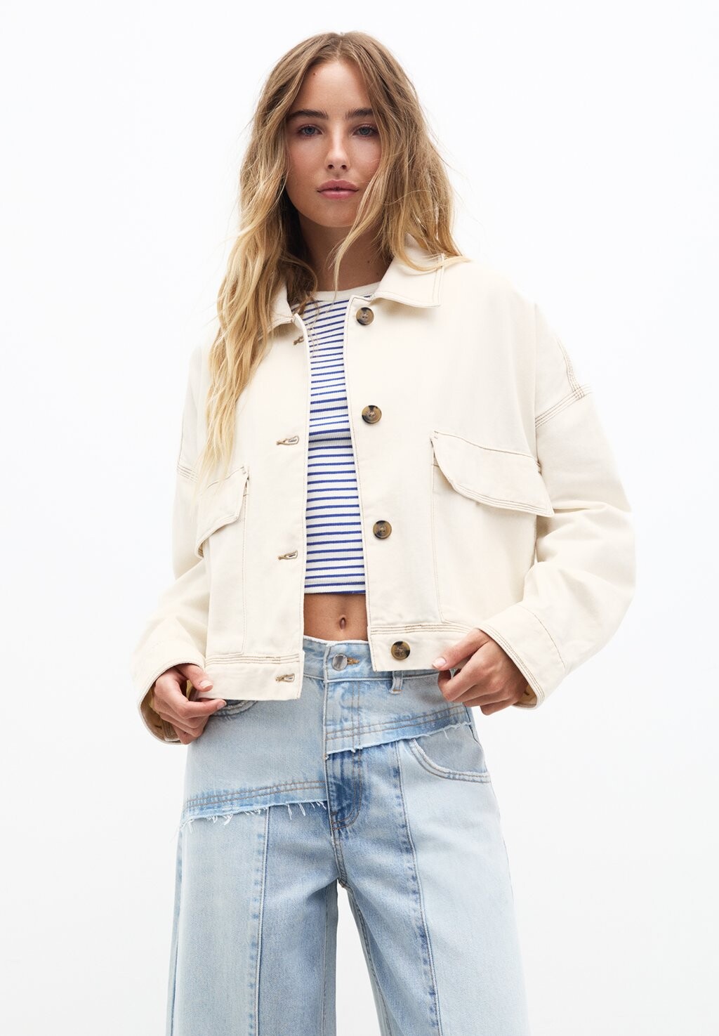 

Джинсовая куртка TOPSTITCHING PULL&BEAR, бежевый