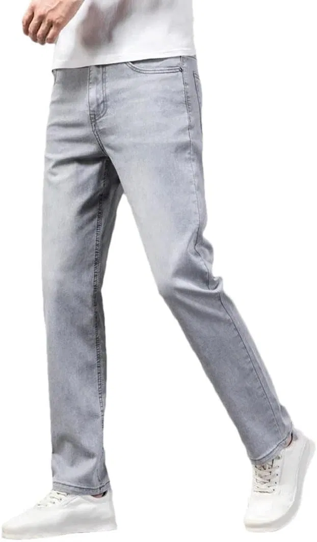 Джинсы прямые, светло-серые, Men's Summer Thin Elastic Cotton Jeans