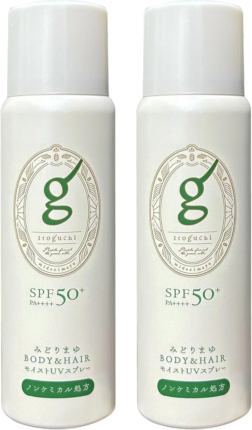 Спрей для загара UV Itoguchi, набор 2 шт, 60 г, SPF50+ PA++++, бесхимический, водостойкий, с шелком Midori Mayu