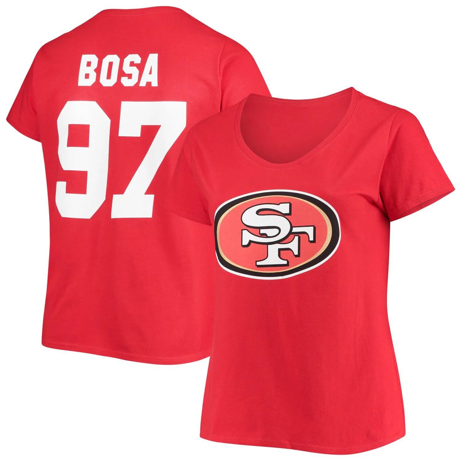 

Женская футболка Fanatics с брендом Nick Bosa Scarlet San Francisco 49ers размера плюс с v-образным вырезом с именем и номером Fanatics