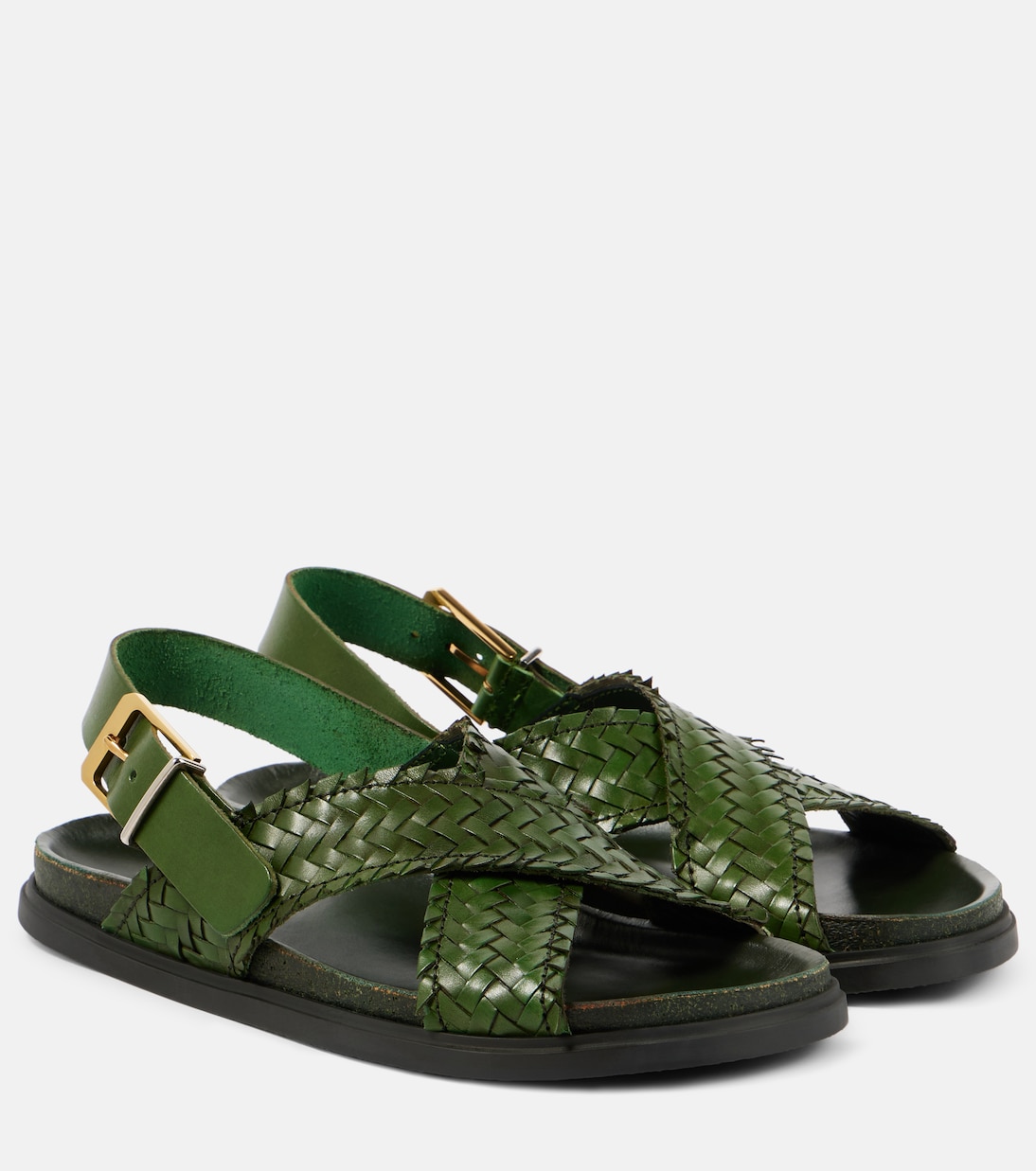 Босоножки с открытой пяткой из плетеной кожи с пряжкой The Row, Dark Green