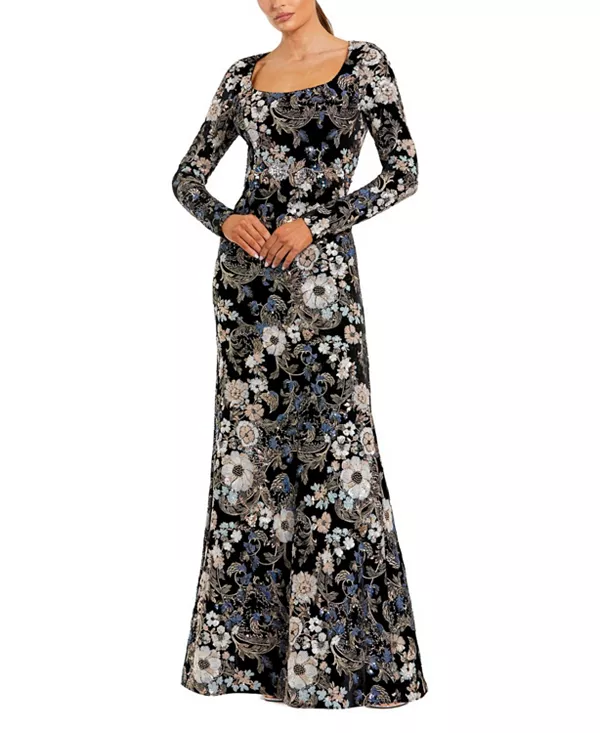 

Платье с длинными рукавами и вышитым бархатом, с вырезом-лодочкой. Mac Duggal, черный