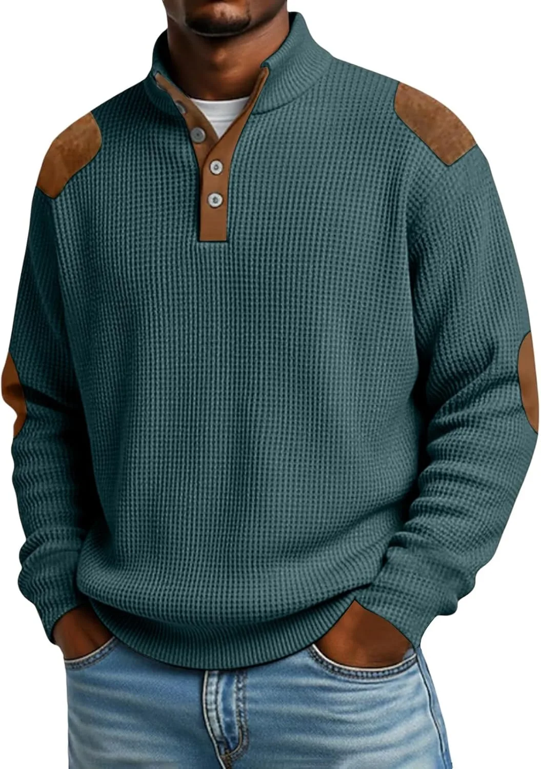 

Свитшот мужской с воротником-стойкой и молнией на четверть, длинный рукав, вязаный узором вафля