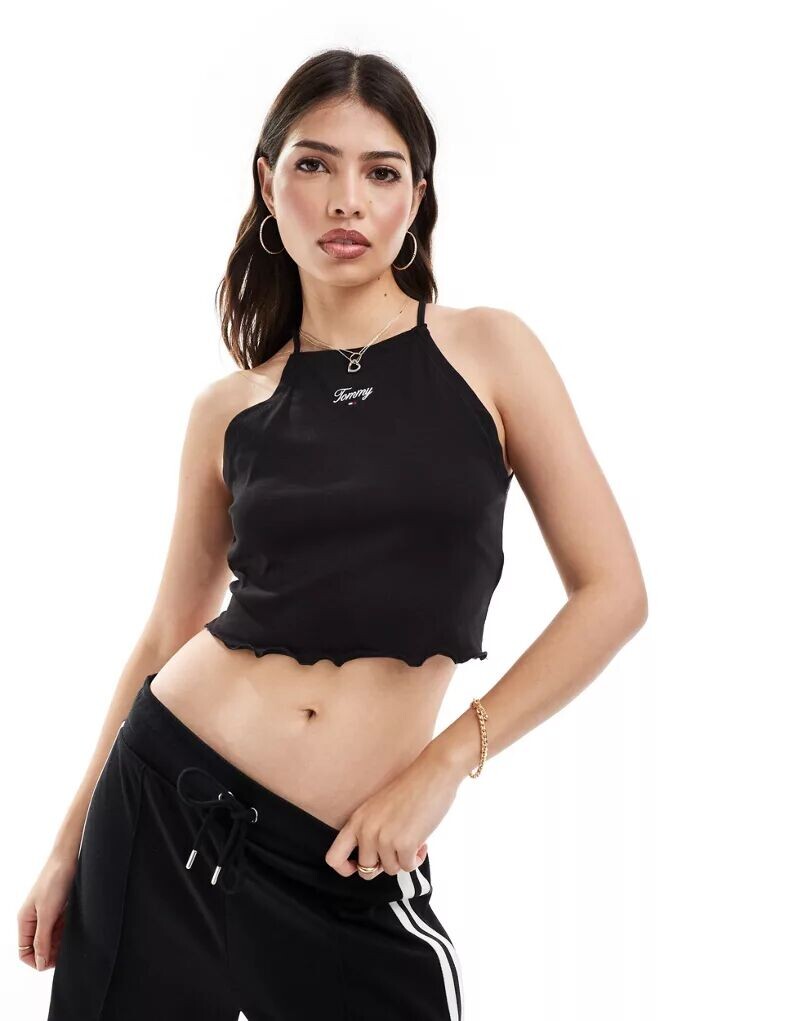 

Черный укороченный топ со сборками и надписью Tommy Jeans