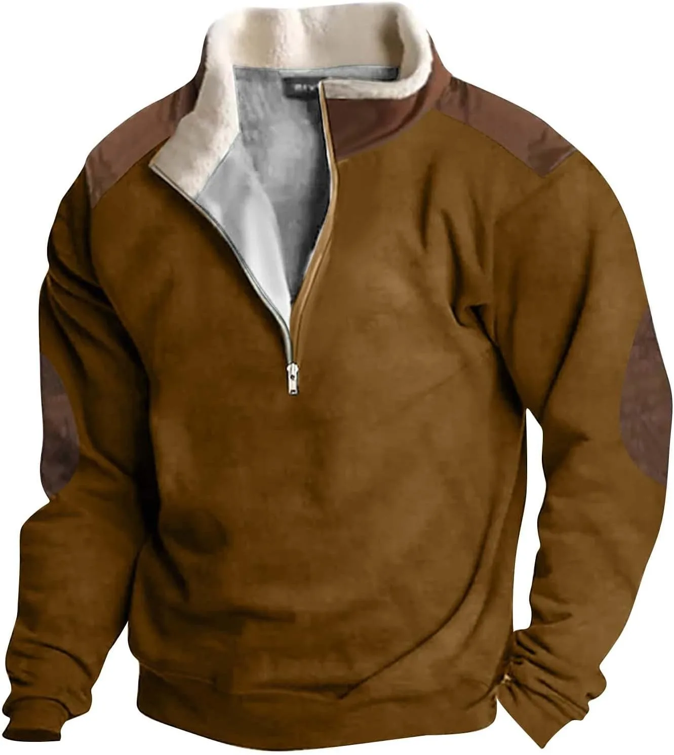 Мужская винтажная ковбойская толстовка в стиле вестерн с застежкой-молнией, пушистый флисовый свитер с застежкой-молнией на четверть длины, воротником-стойкой и ковбойским принтом Generic, коричневый