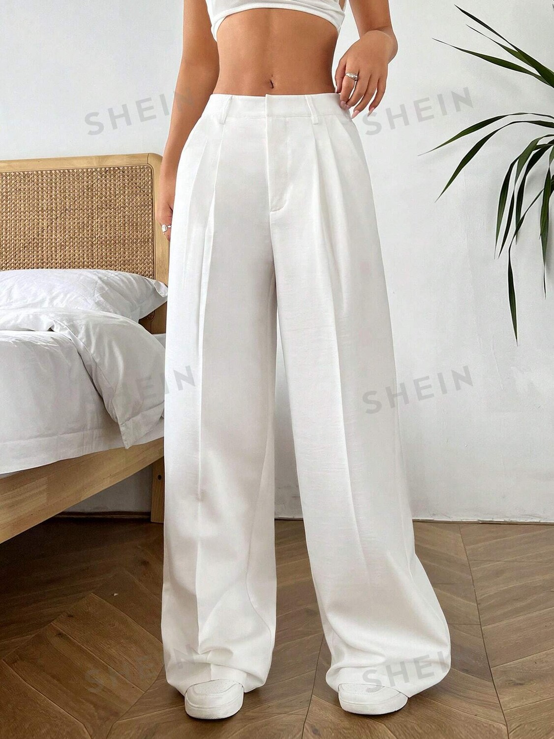 

EZwear Женские брюки, Однотонные, свободные складки Shein, белый