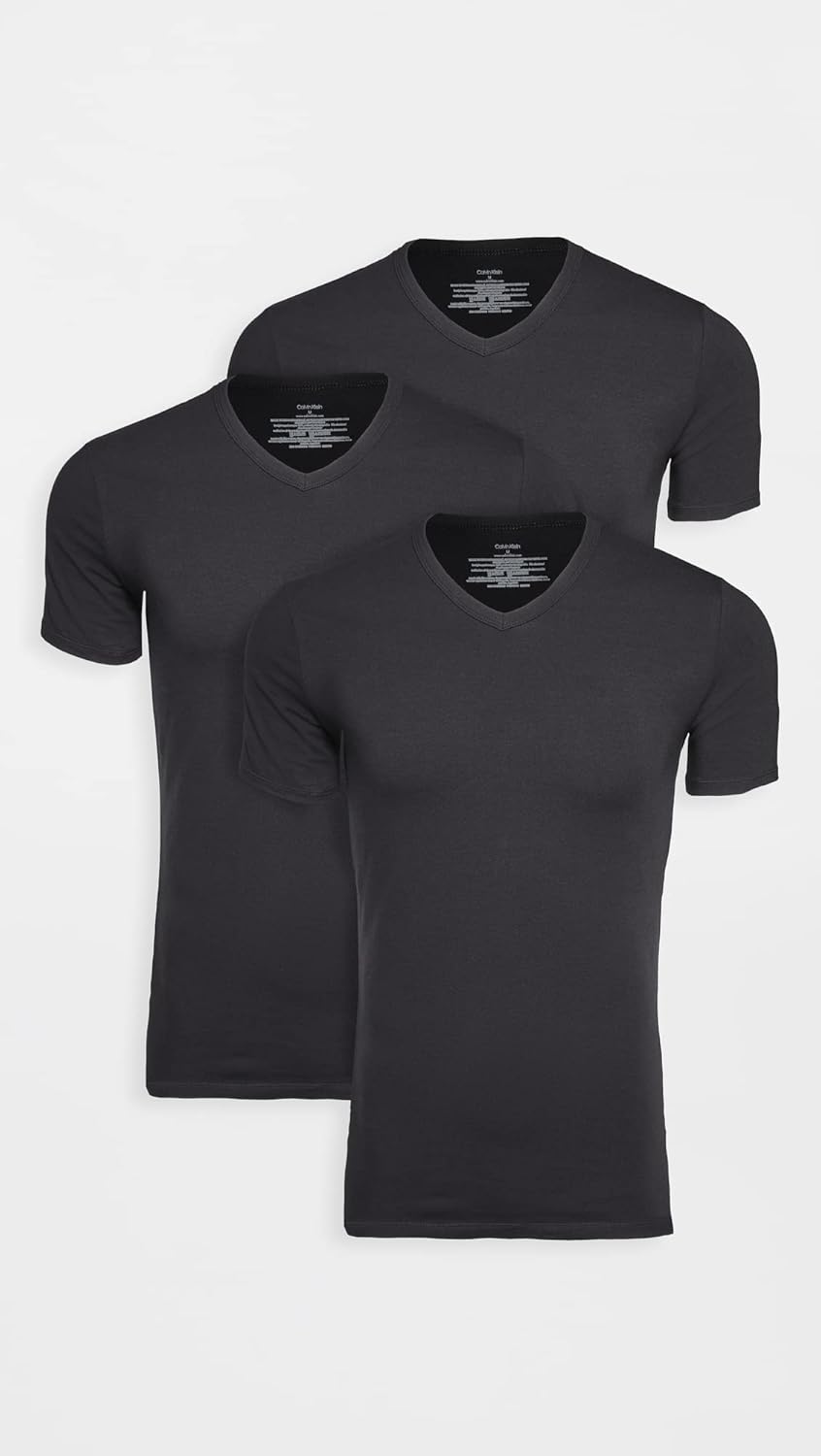 Комплект из 3 мужских нижних маек Calvin Klein из хлопка и эластичной ткани, 3 Black - Vneck — фото 2