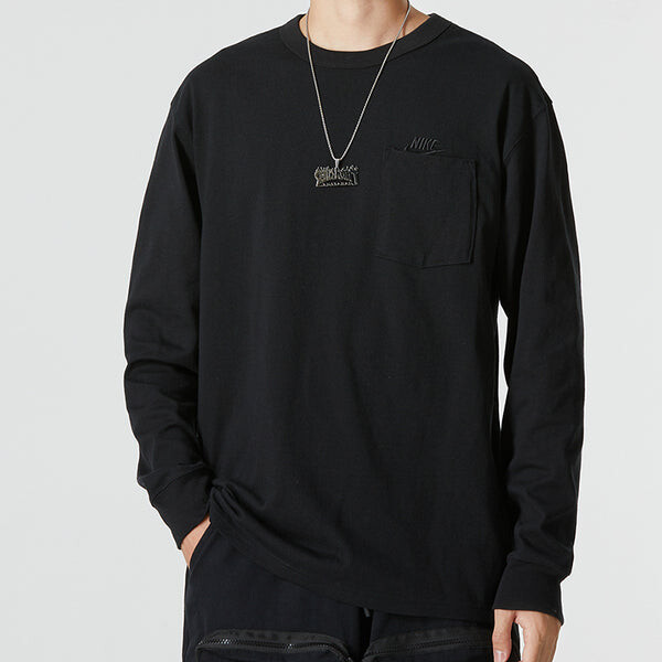 Футболка Men's Nike Solid Color Athleisure Casual Sports Round Neck Long Sleeves Black T-Shirt, черный — фото 3