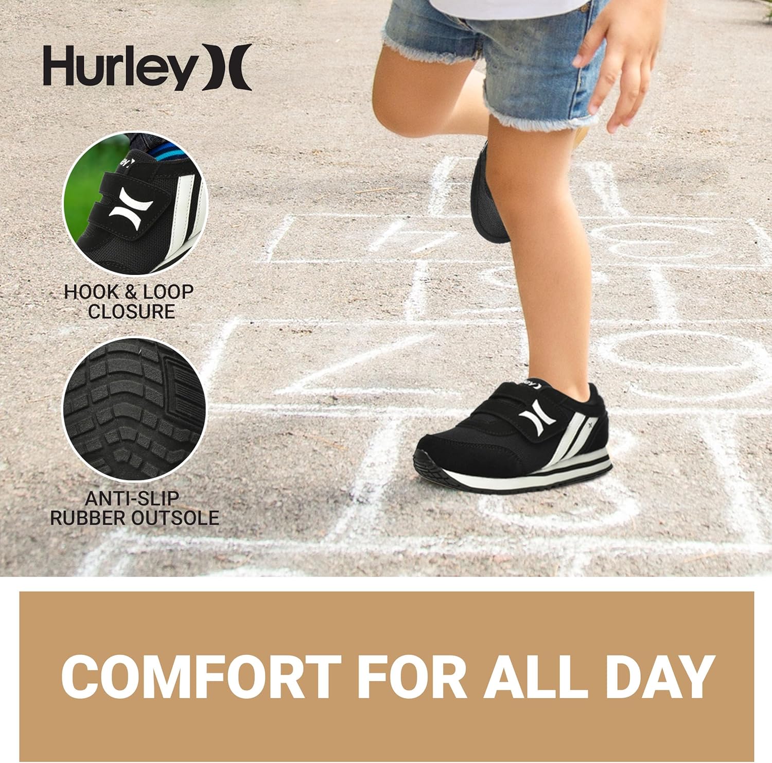 Детские кроссовки Hurley Kid's Knox для ходьбы - детские кроссовки с липучкой для легкого надевания, легкие обувь для бега и ходьбы для мальчиков и девочек, кроссовки для малышей, белый/черный — фото 4