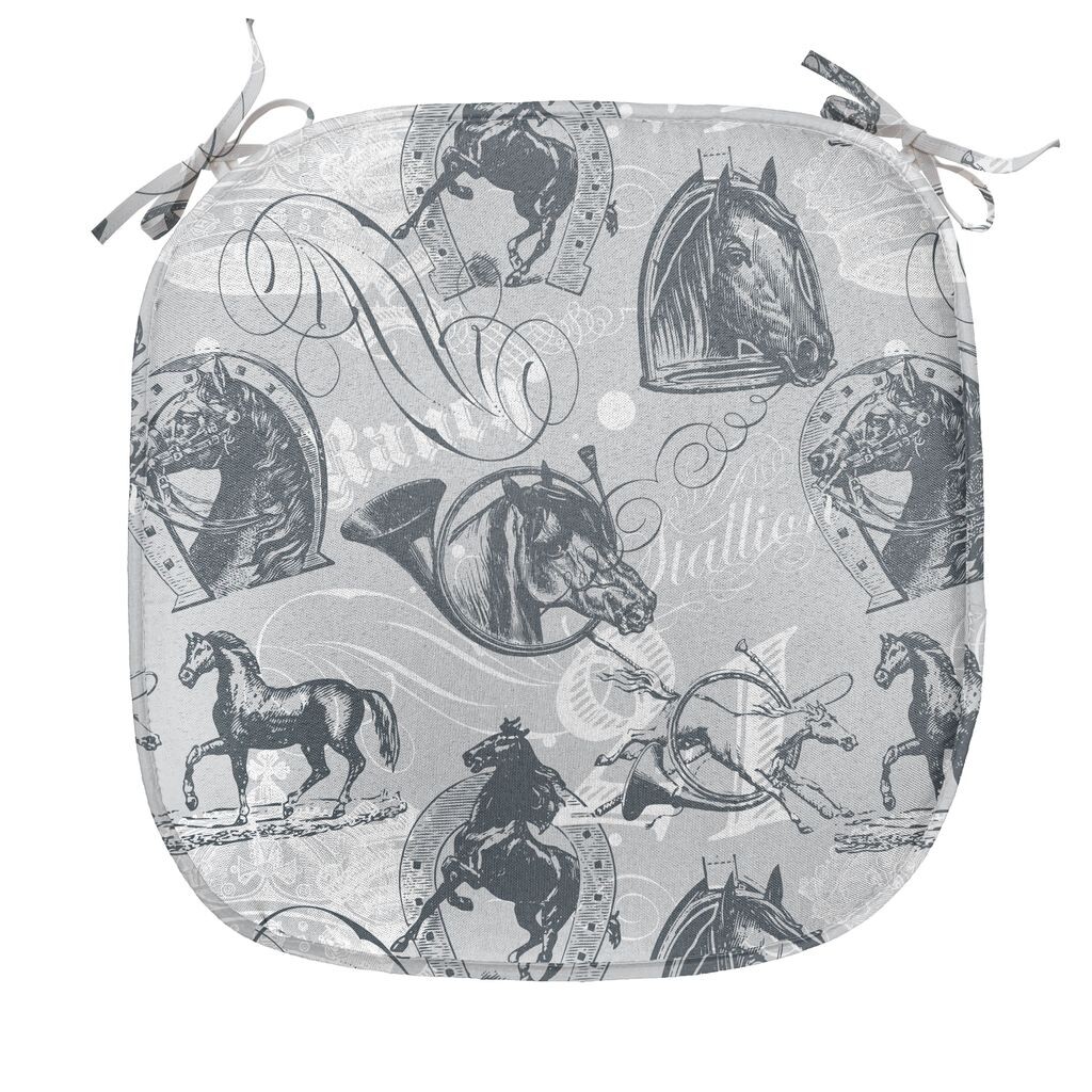 

ABAKUHAUS Серая подушка для обеденного стула, Horse Royal Animal Retro, декоративная водонепроницаемая подушка с ремнями для кухонных сидений, 40 см x 40 см, серо-белый
