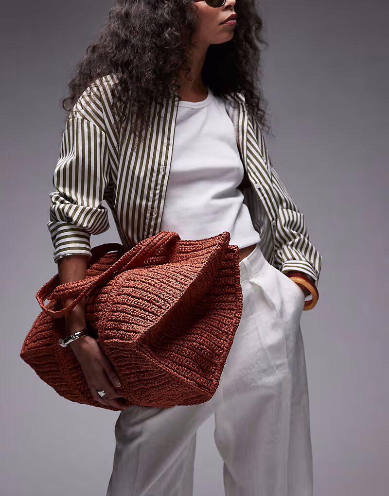 

Сумка Mango большого размера из рафии с подкладкой на молнии, цвет: ярко-оранжевый