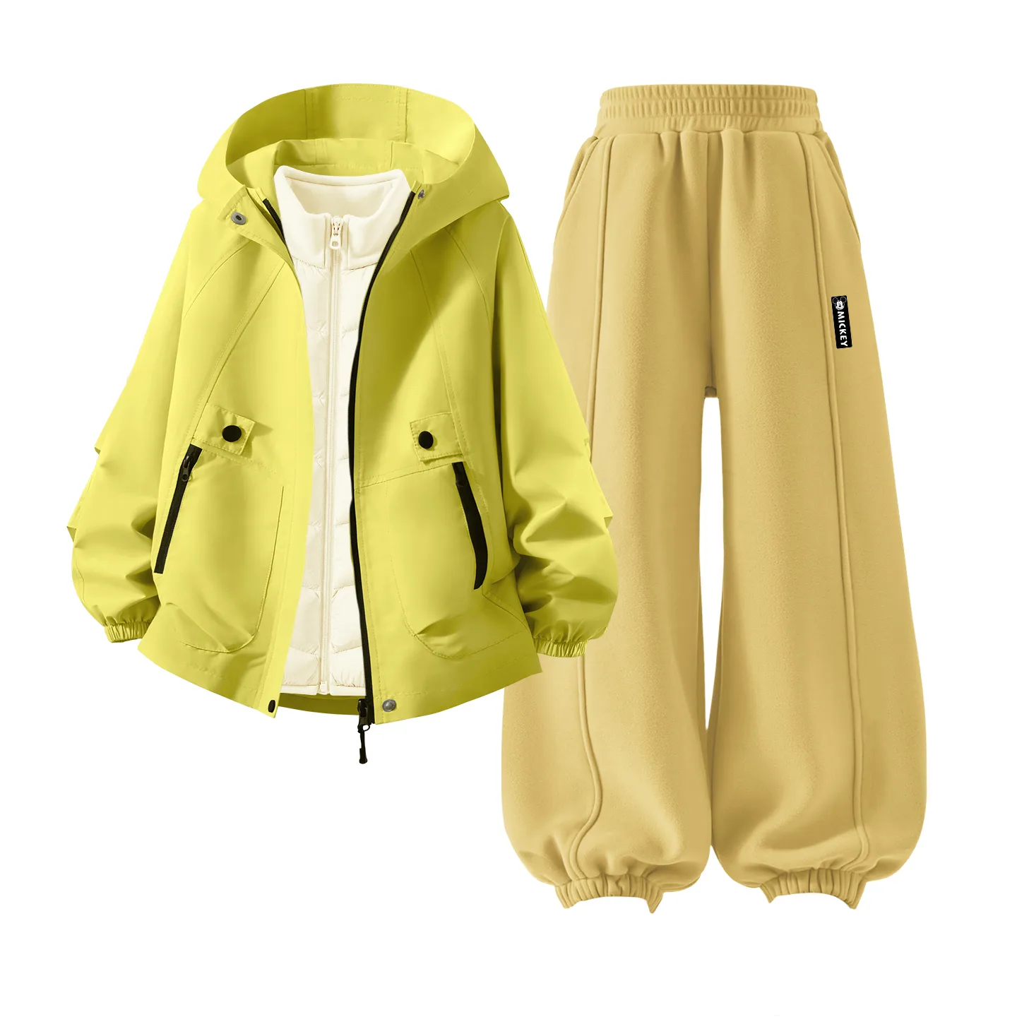 Детский спортивный костюм с круглым вырезом Disney, [Thickened Thermal Three-Piece Set]Solid Color Green+DiH Long Hook-and-Loop K Deep Autumn Yellow+DiH Square Hook-and-Loop K Ecru