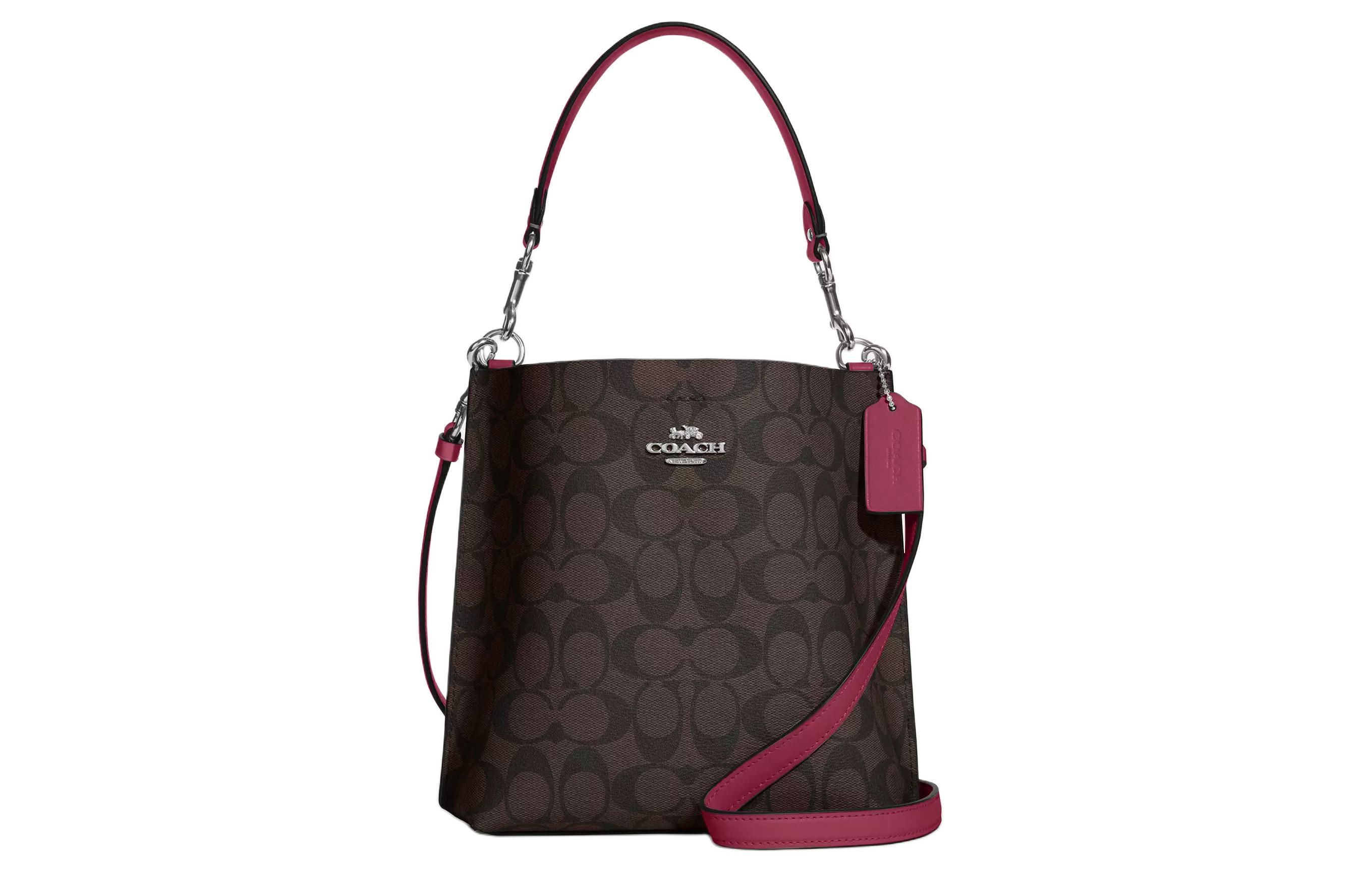 

COACH Сумка-ведро из холста с кожаными деталями, женская сумка через плечо, коричневая и ярко-фиолетовая