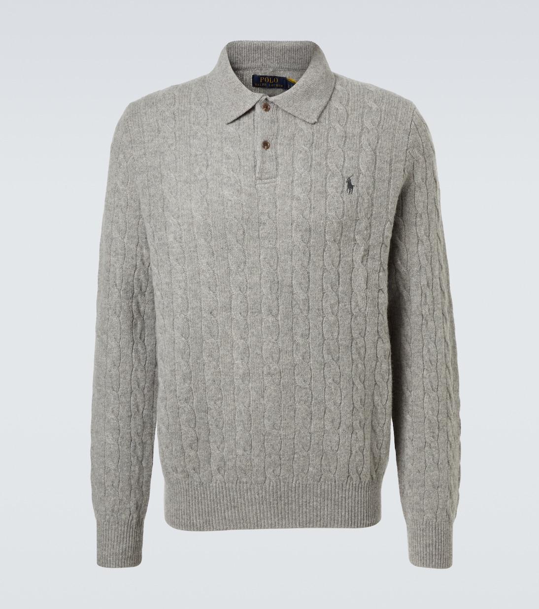 

Вязаный кабельным узором шерстяной поло-свитер с кашемиром Polo Ralph Lauren, Fawn Grey Heather