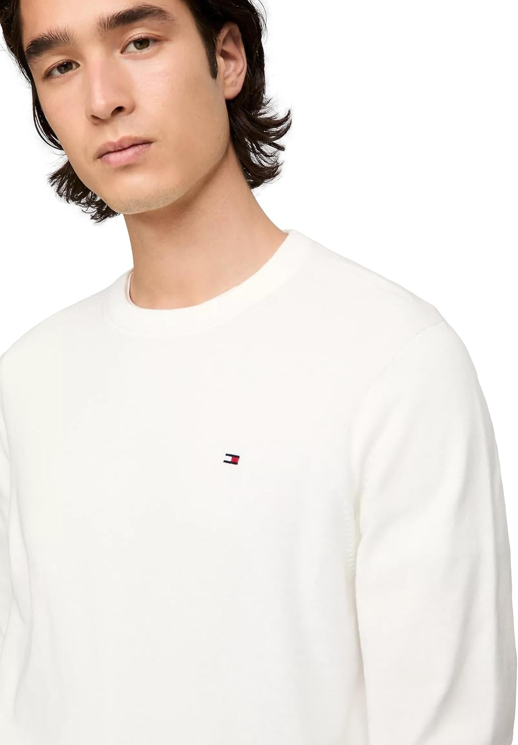 Мужской фирменный однотонный свитер с круглым вырезом TOMMY HILFIGER из коллекции 2025 года, Milky Way — фото 3