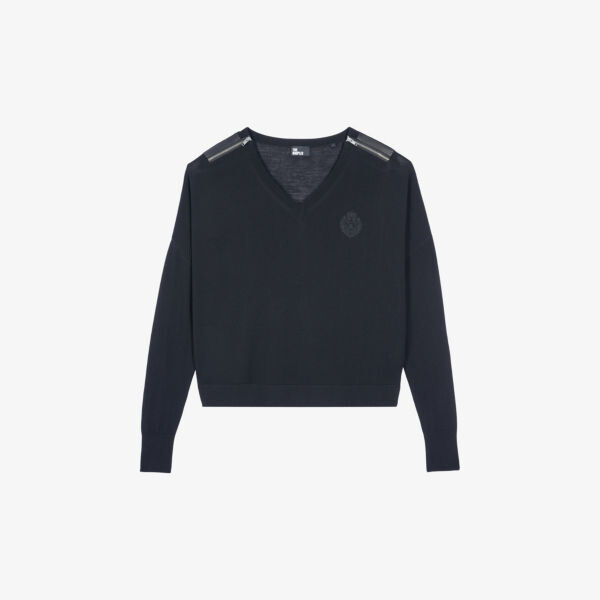 

Шерстяной джемпер с вышитым мотивом и V-образным вырезом The Kooples, черный