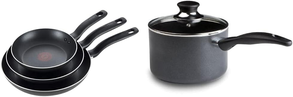 

T-fal Specialty 3 PC Initiatives с антипригарным покрытием внутри и снаружи, 8 дюймов, 9,5 дюймов, 11 дюймов, черный и специальная удобная кастрюля емкостью 3 литра со стеклянной крышкой