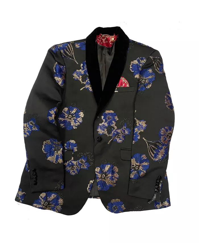 

Приталенный пиджак для мальчиков с цветочным принтом, черный и королевский синий Elie Balleh