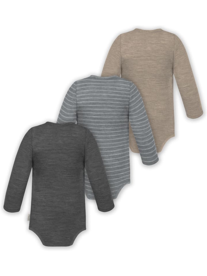 Normani Outdoor Sports Комплект из 3 детских боди с длинными рукавами из мериносовой шерсти, бежевого, серого и антрацитового цвета — фото 2