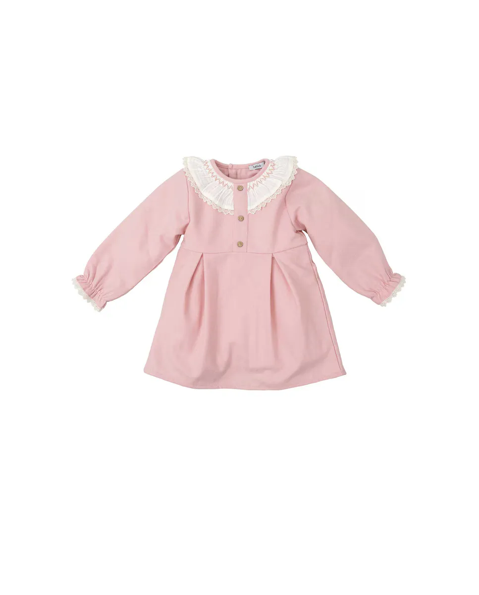 

Платье для девочки из однотонной ткани с рюшами и кружевом BABIDÚ, цвет Rosa