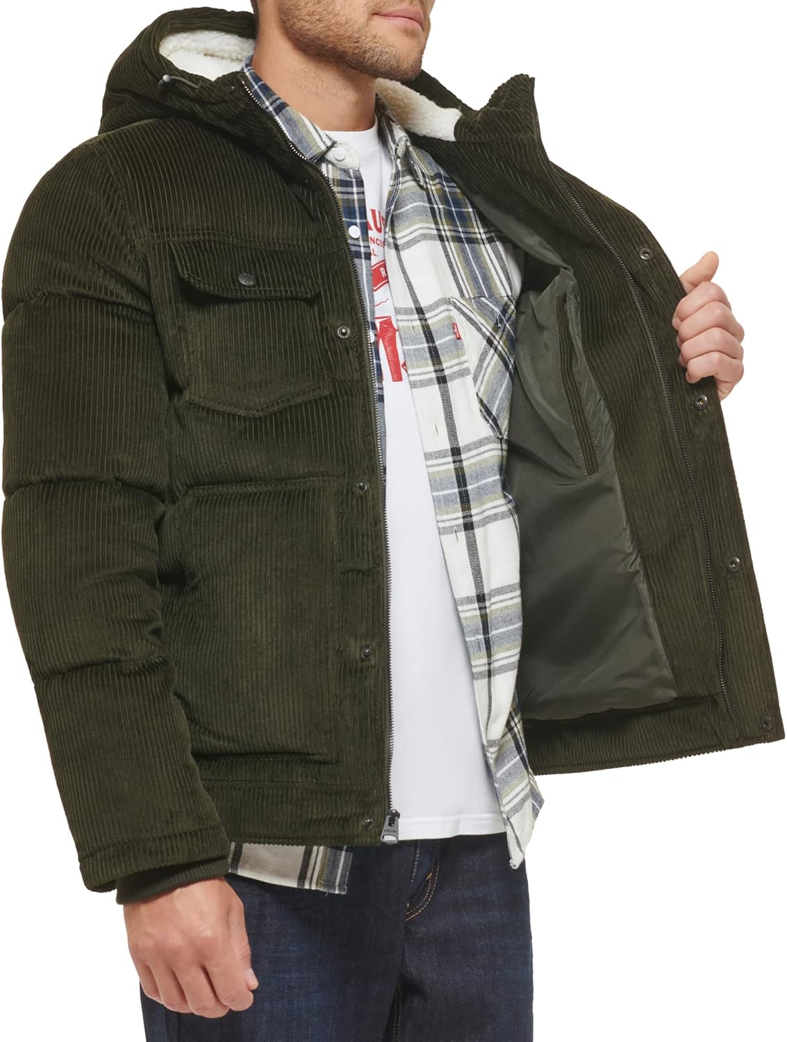 Мужская куртка Levi's Heavyweight средней длины с капюшоном в стиле милитари, Olive Corduroy — фото 4
