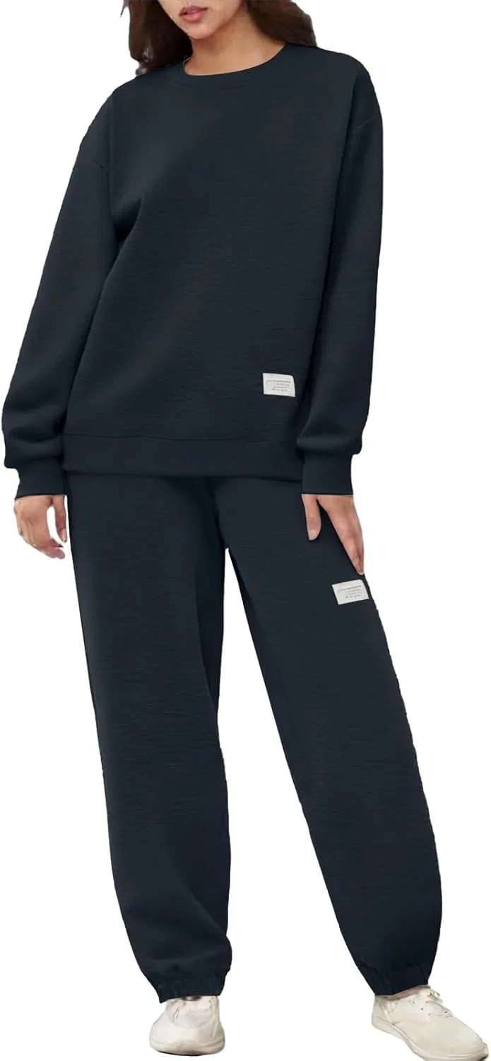 Спортивный костюм для женщин Plus Size: худи с длинным рукавом и брюки джоггеры Generic, темно-синий — фото 3