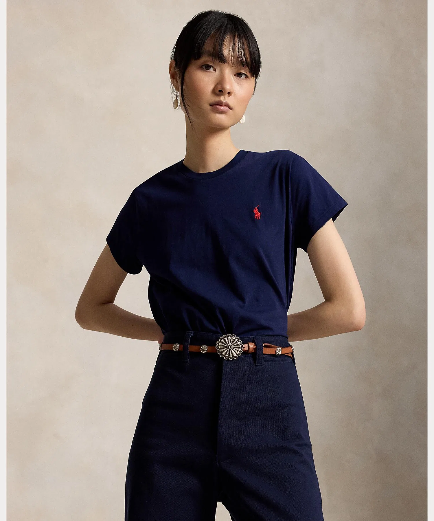 Женская футболка Polo Ralph Lauren из хлопка, классический крой, тёмно-синяя