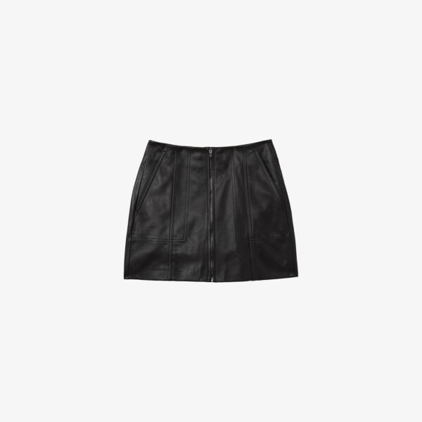

Кожаная мини-юбка с высокой посадкой и застежкой-молнией спереди Reiss, черный