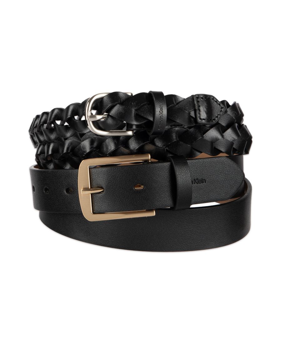 

Женский комплект из двух предметов: тонкий плетеный пояс и ремень с пряжкой Calvin Klein, Black/Black