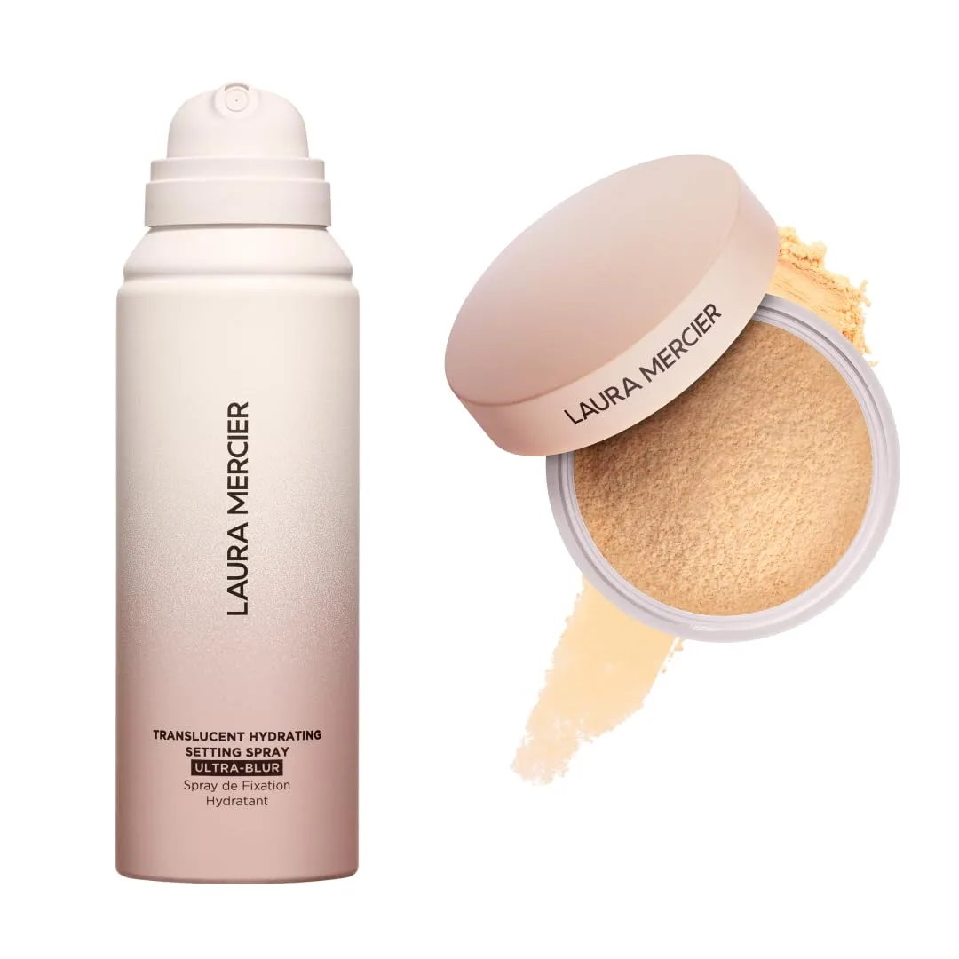 Laura Mercier Translucent Loose Talc-Free Setting Powder Ultra-Blur в оттенке Translucent Honey и Hydrating Setting Spray Ultra-Blur набор, с гиалуроновой кислотой, контроль блеска