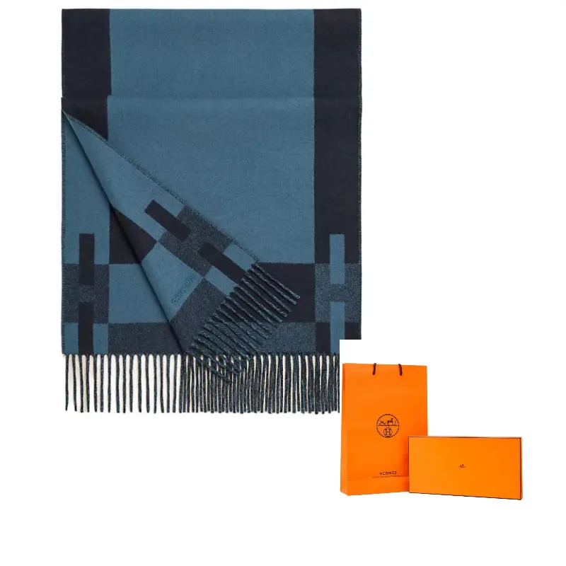 

HERMES Кашемировый вязаный шарф мужской синий, Blue