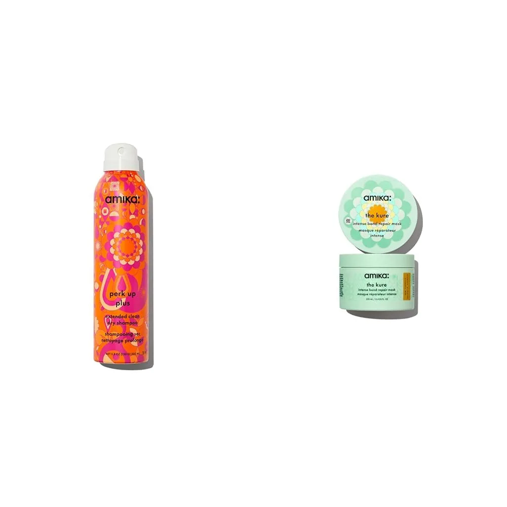 Сухой шампунь Amika Perk Up Plus Extended Clean + маска для интенсивного восстановления связей в волосах The Kure Intense Bond Repair Mask