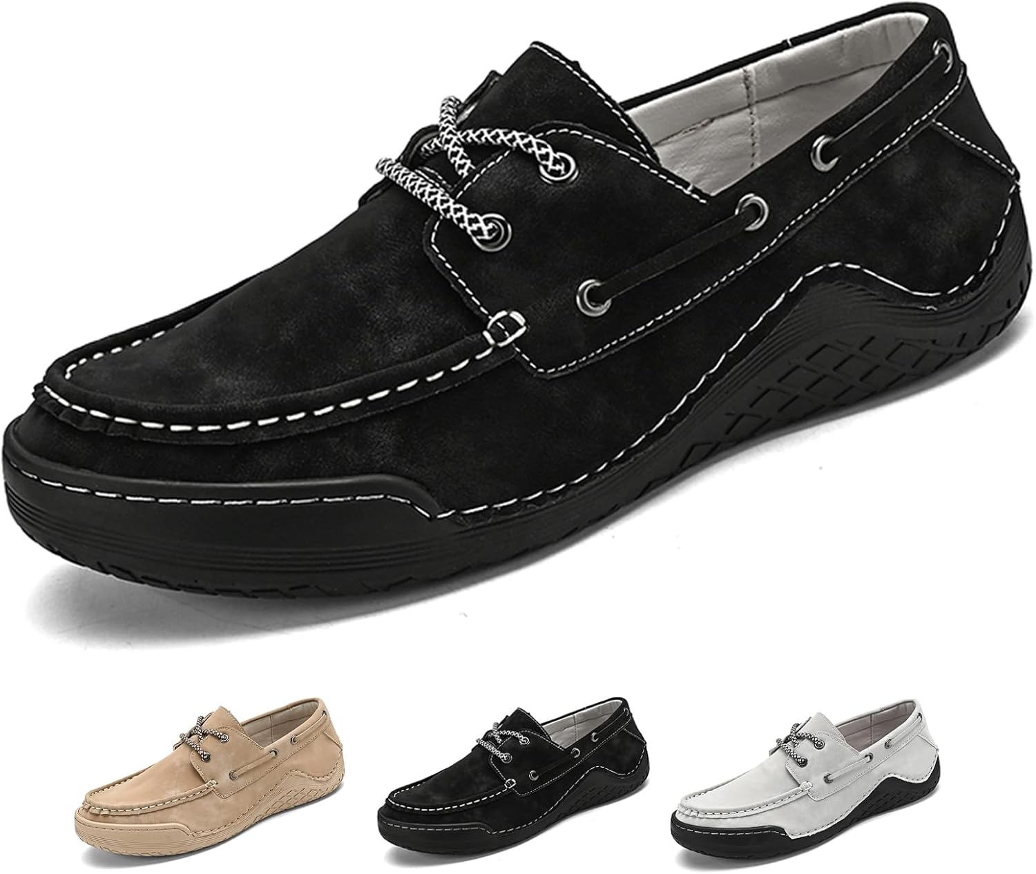 

Мужские кожаные лодочные туфли Lossarye с 2 отверстиями, носок-мокасин, повседневные шнуровки, удобные лоферы на шнурках, легкие лодочные туфли для прогулок, черный