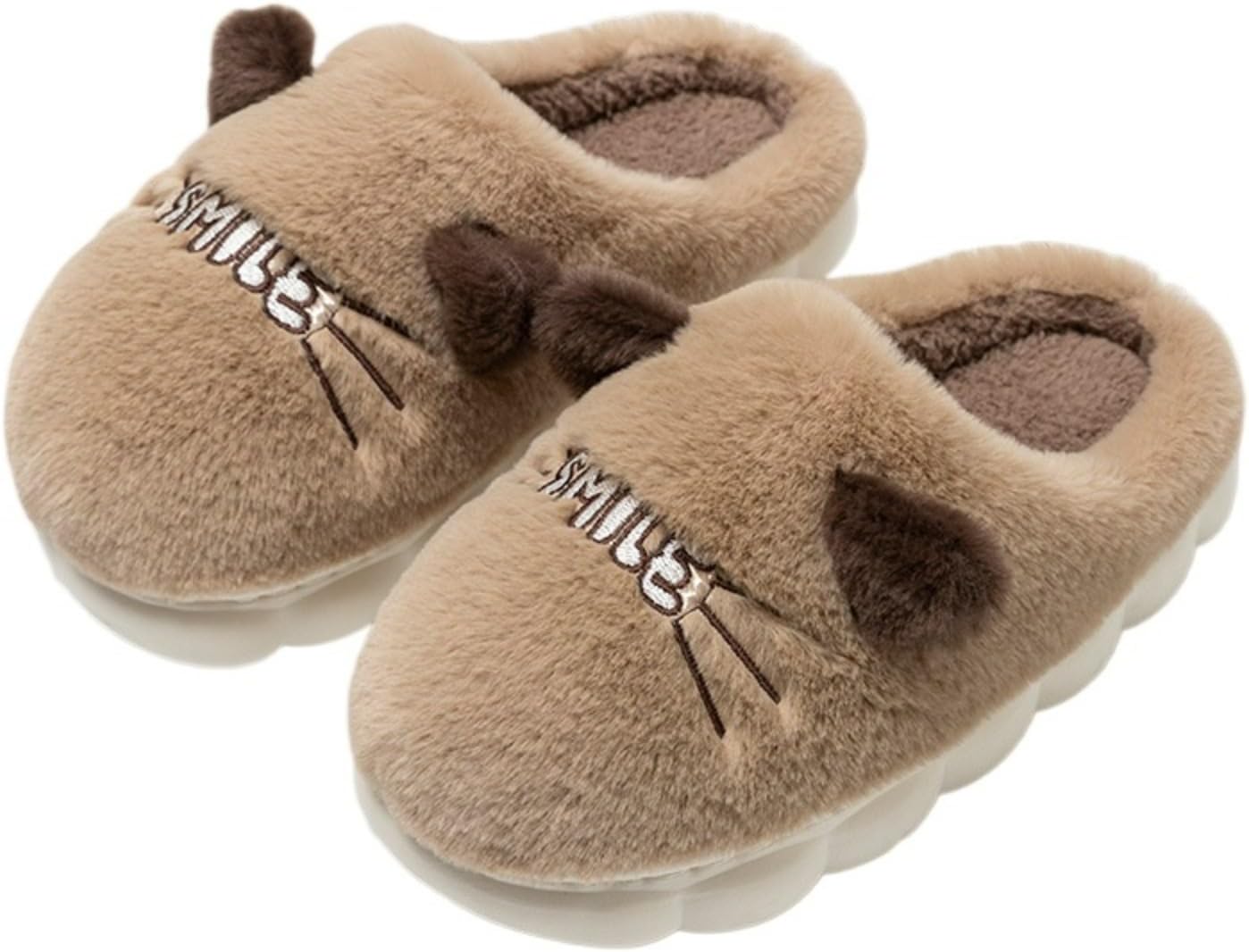 

Милые тапочки с кошкой для женщин и мужчин, любителей кошек, с улыбкой, смешные домашние пушистые плюшевые креативные кавайные, для дома и улицы, с нескользящей подошвой Elirar, хаки