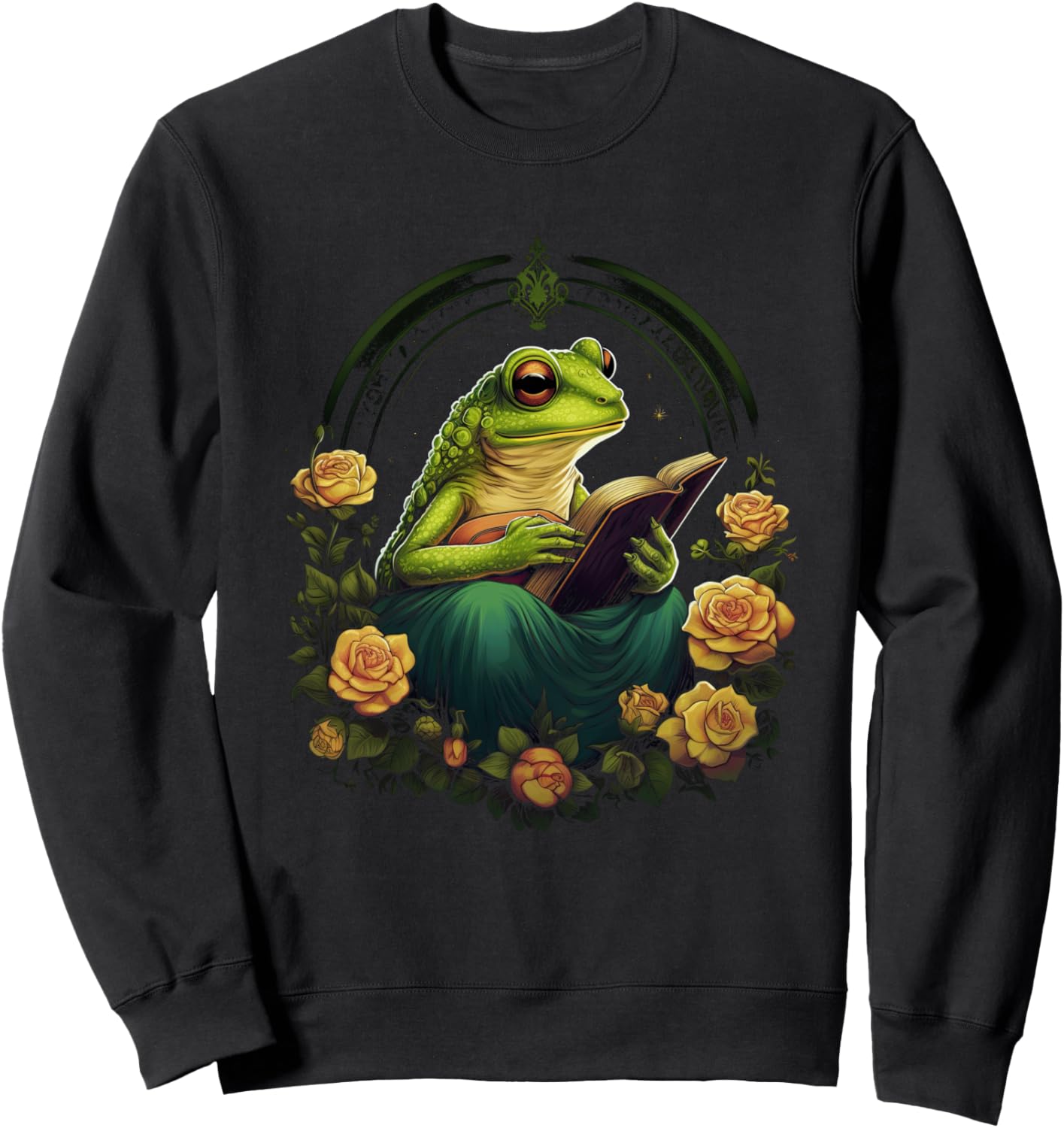 

Толстовка в стиле коттеджкор с цветочным рисунком, лягушкой и книгой, милым гоблином и надписью зовет Cottagecore Goblincore And Fairycore Stuff, черный