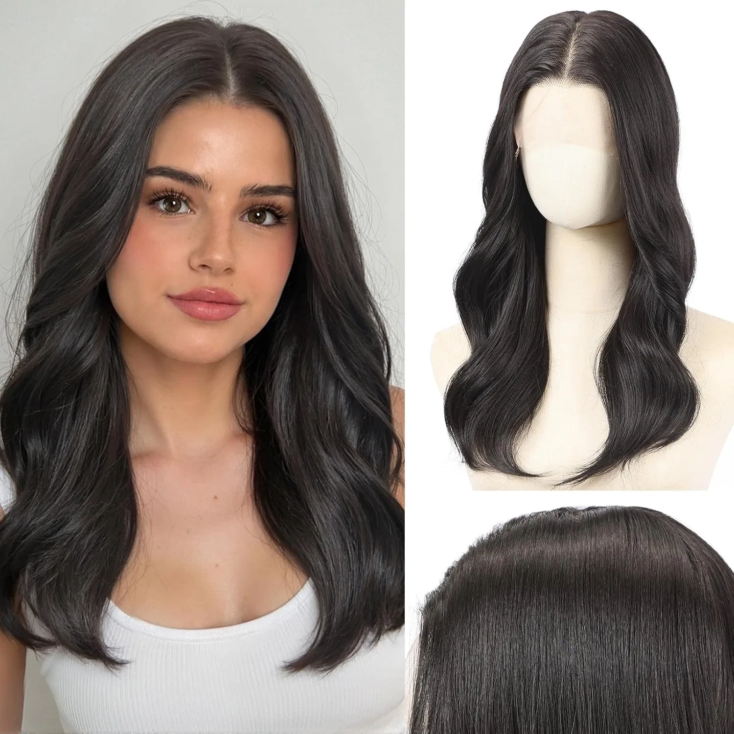 Длинный волнистый синтетический парик Lace Front черный Testar, Schwarz