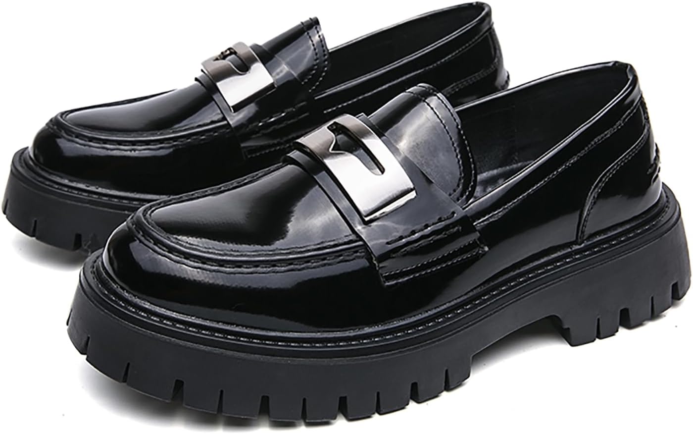 

Мужские слипоны на платформе из лакированной кожи с модной пряжкой, удобные, с круглым носком, противоскользящей подошвой с рельефом, на устойчивом каблуке, деловые туфли, повседневные, для работы в офисе, пенни-лоферы Loveheynew, черный