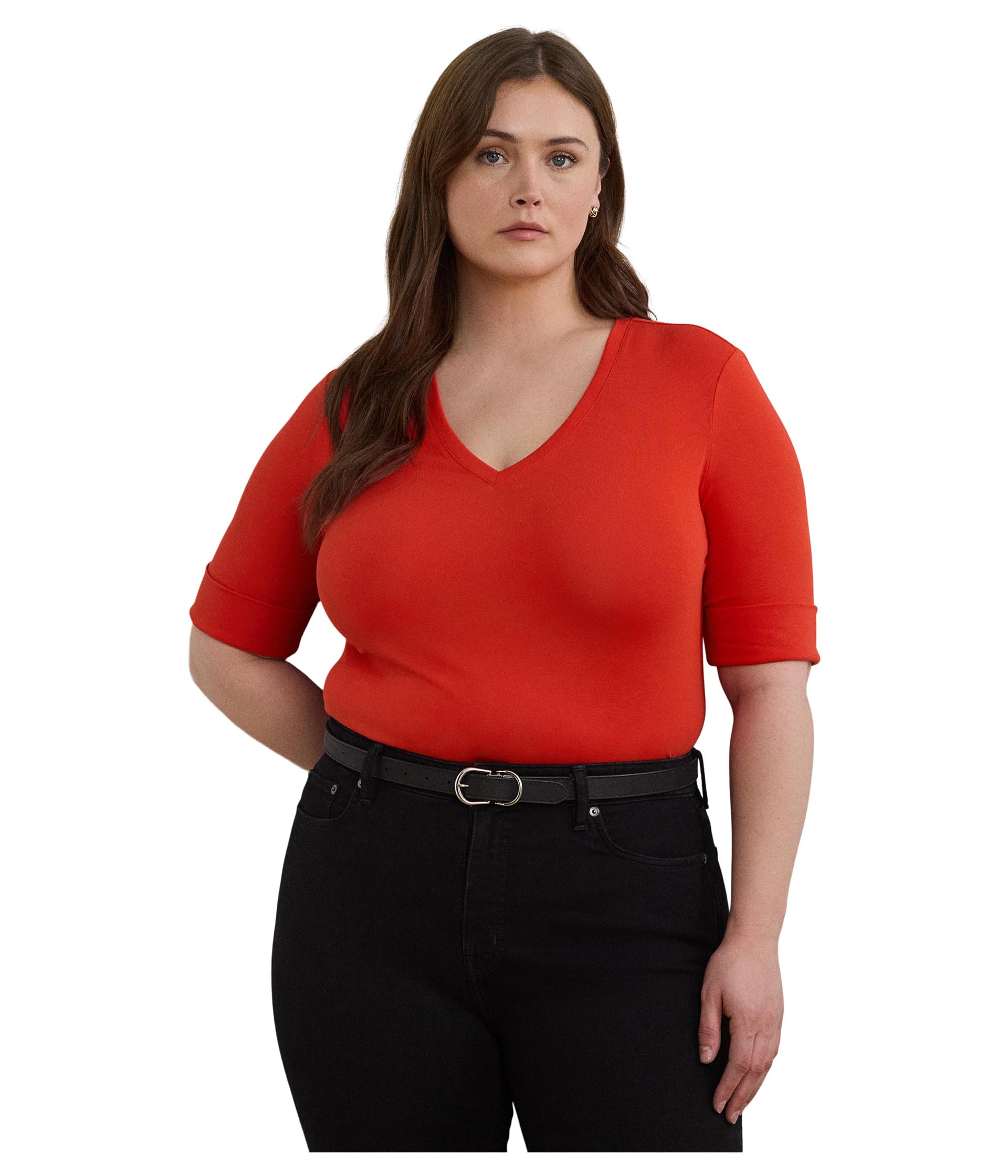 

Футболка Lauren Ralph Lauren Plus Size Stretch Cotton Elbow-Sleeve V-Neck Tee, Bright Vermilion