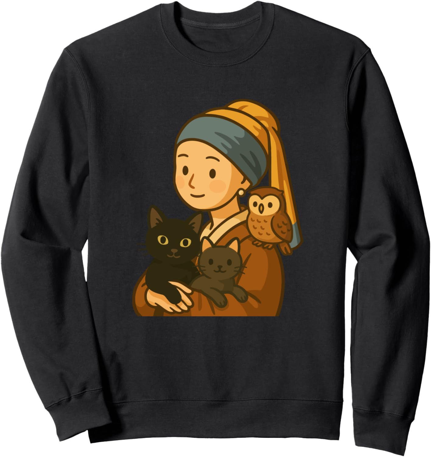 

Девушка с жемчужными серьгами, шедевр, кошка, сова, иллюстрация, милый любитель кошек, сова, смешная, забавная толстовка The Cat And The Girl With A Pearl Earring, черный