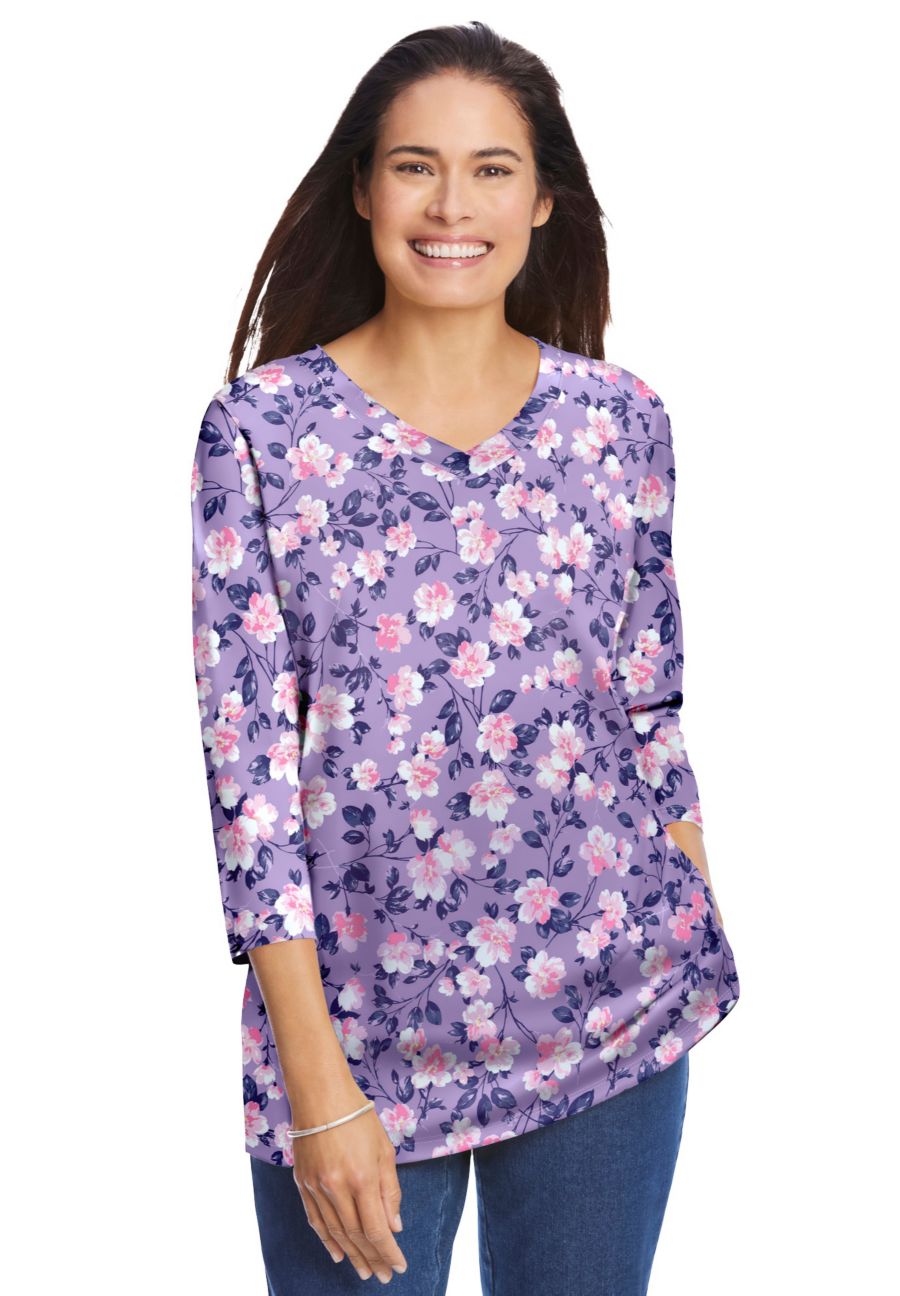 

Женская футболка Within Perfect с принтом, рукавами три четверти и V-образным вырезом Woman Within, Soft iris blossom vine