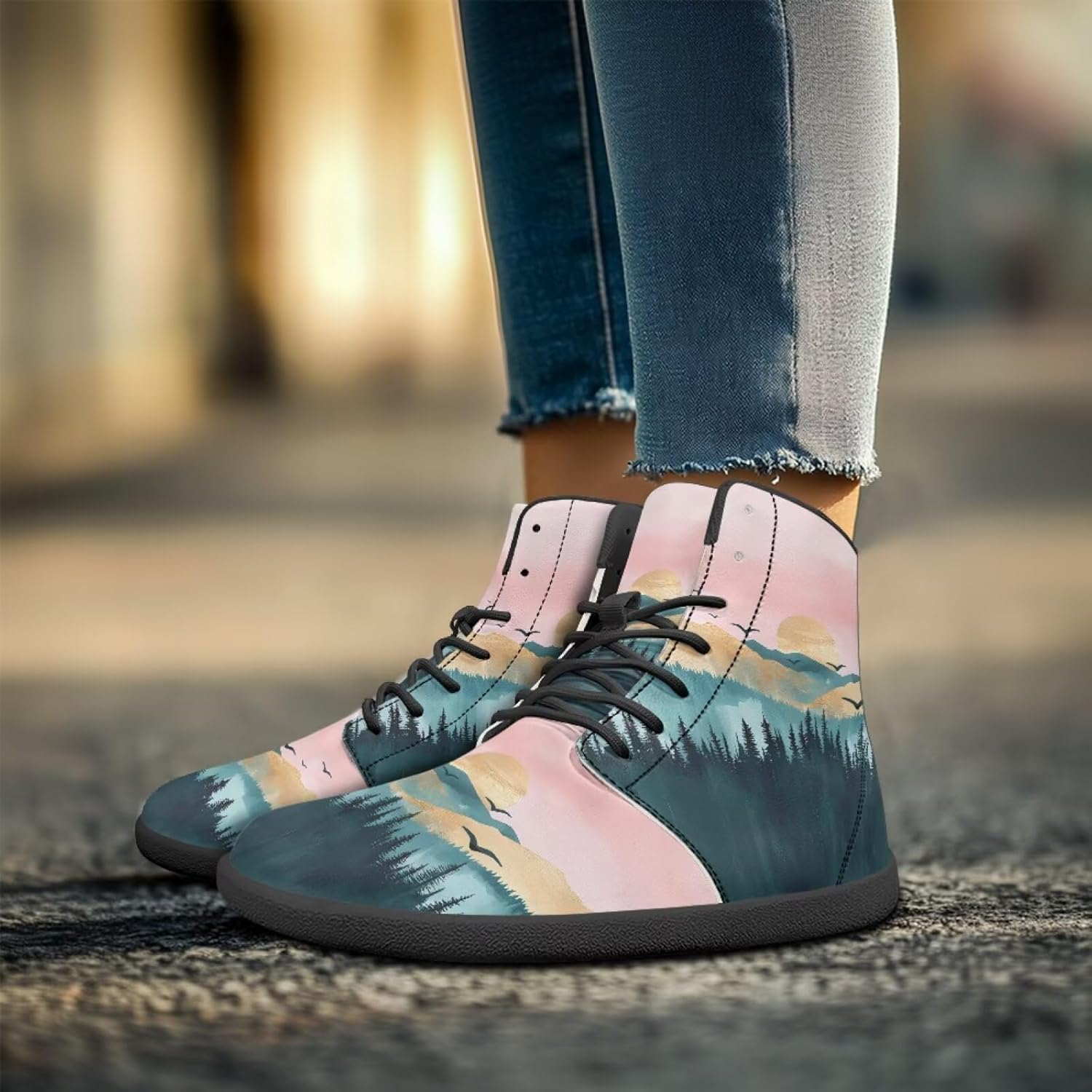 Охотничьи ботинки Binienty Barefoot для мужчин и женщин, водонепроницаемые, из искусственной кожи, высокие, с поддержкой лодыжки, спортивная обувь, Ink Painting Mountain Forest — фото 4