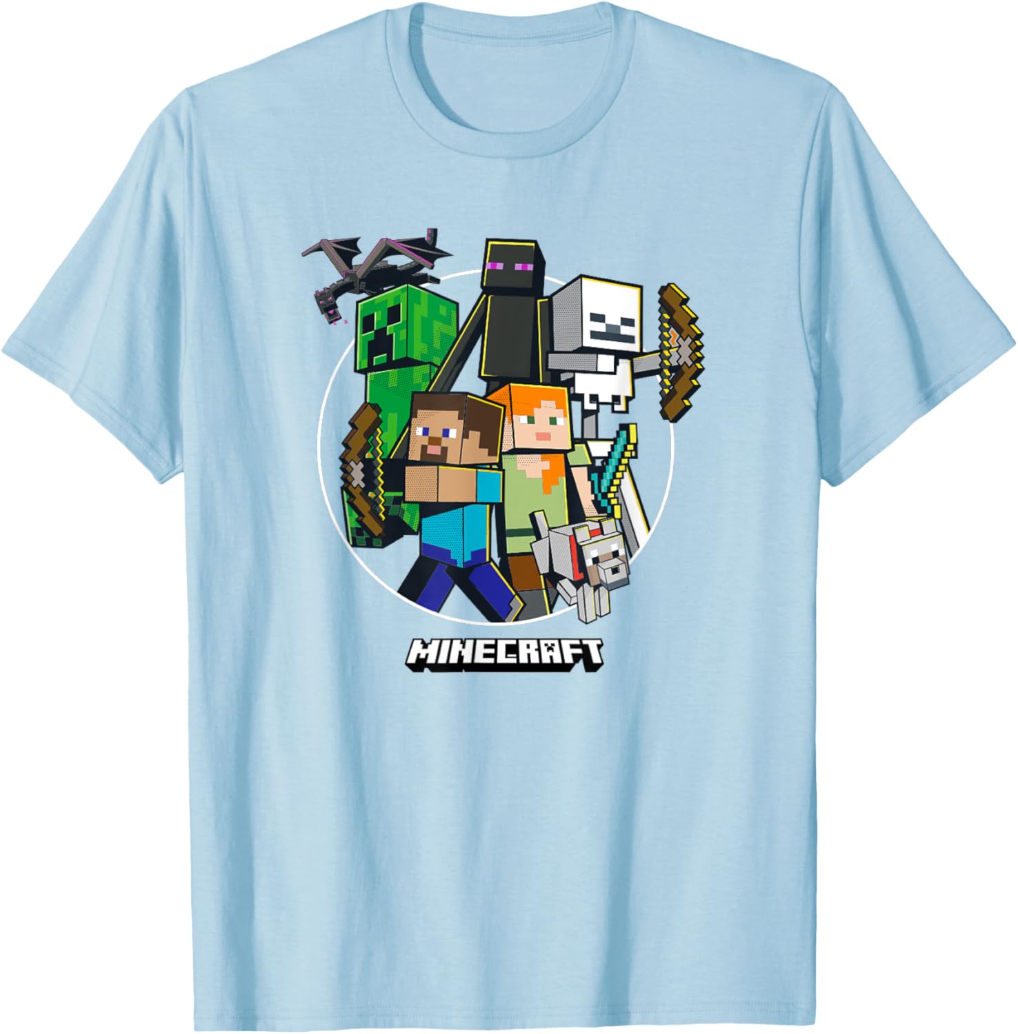 

Футболка с круглым логотипом группы персонажей Minecraft, синяя