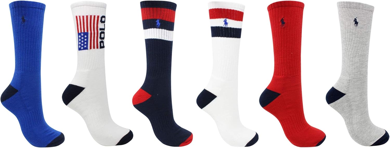 

POLO RALPH LAUREN мужские спортивные хлопковые носки до щиколотки - набор из 6 пар - влагоотводящая сетчатая ткань, White/Americana