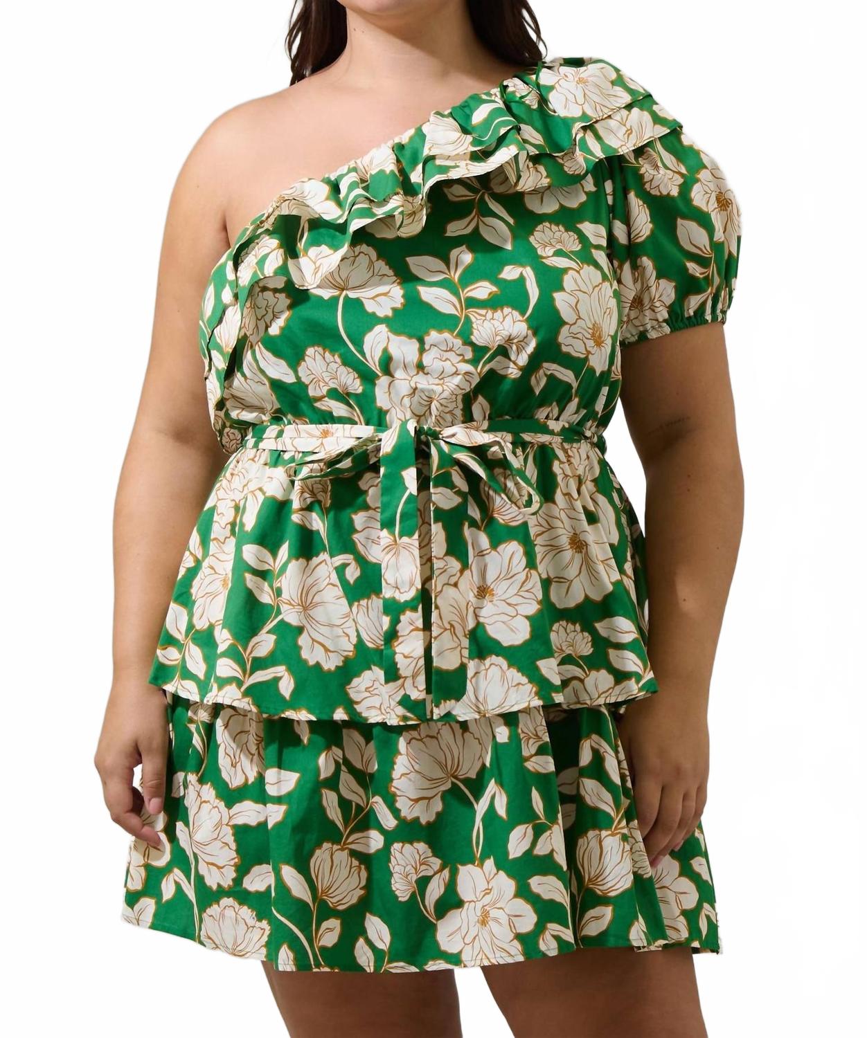 

Люкена Флорал Айрин мини-платье с одним плечом в зеленом мультиколоре для пышных форм SUGARLIPS