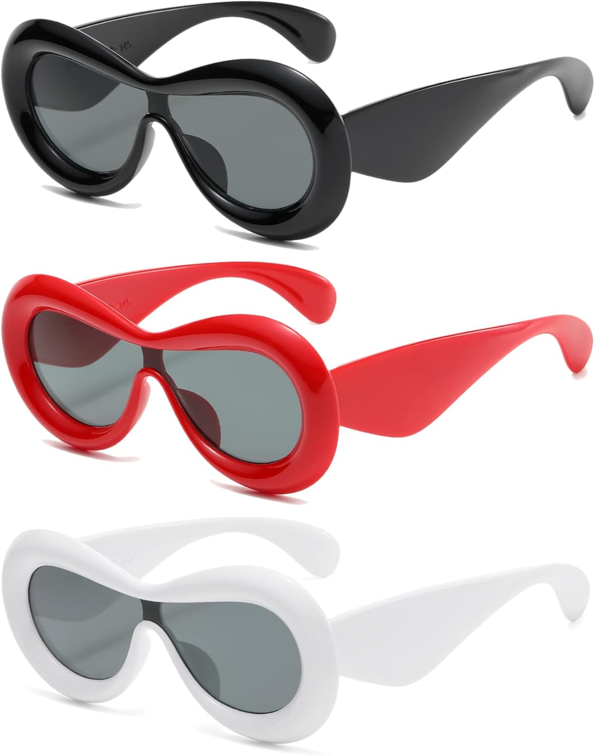 

Солнцезащитные очки Long Keeper 2 пары, увеличенного овального размера, для женщин и мужчин, в стиле Y2K, с надувной оправой и цельными линзами, защита от УФ-излучения UV400, Black+white+red